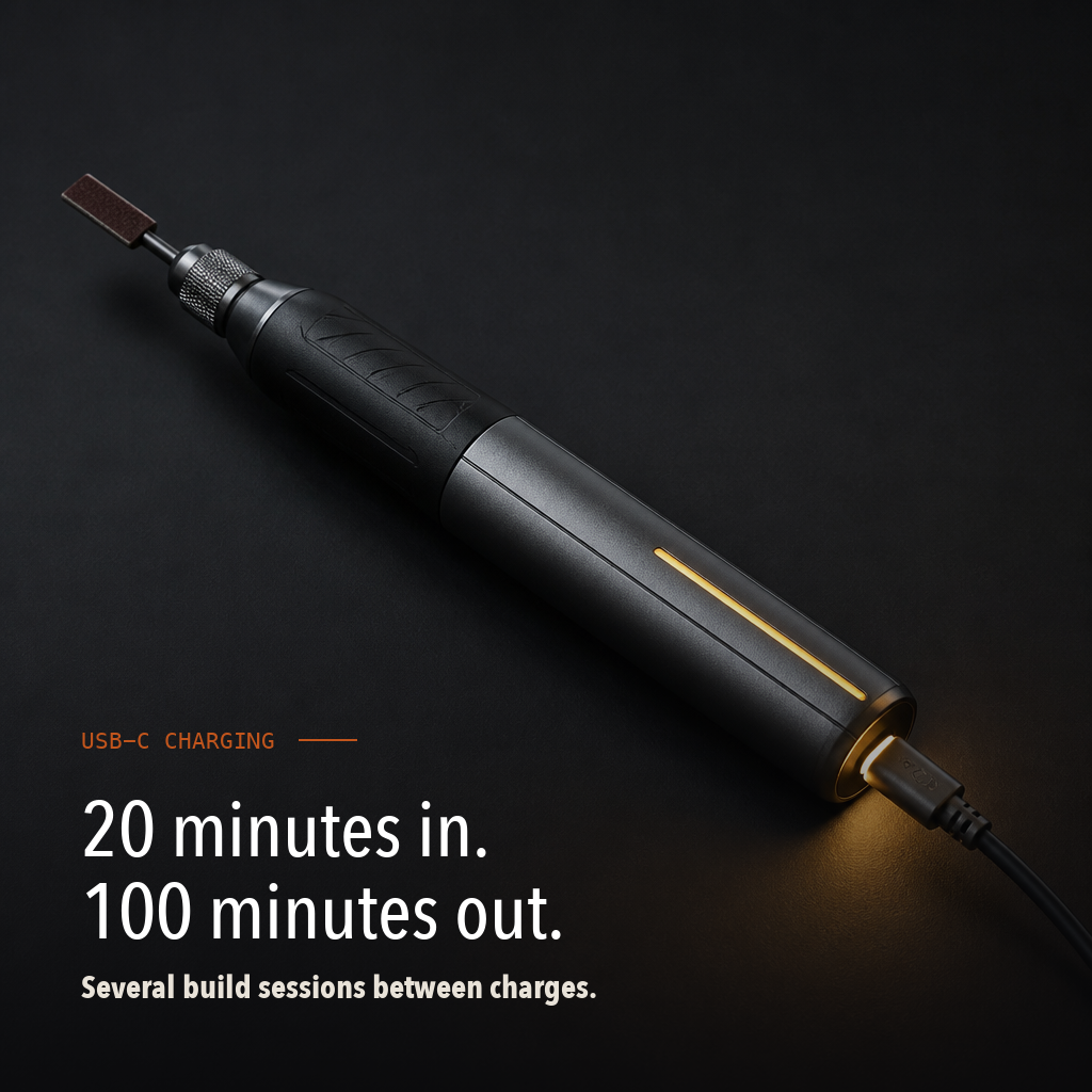 20 minute charge, 100 minute runtime