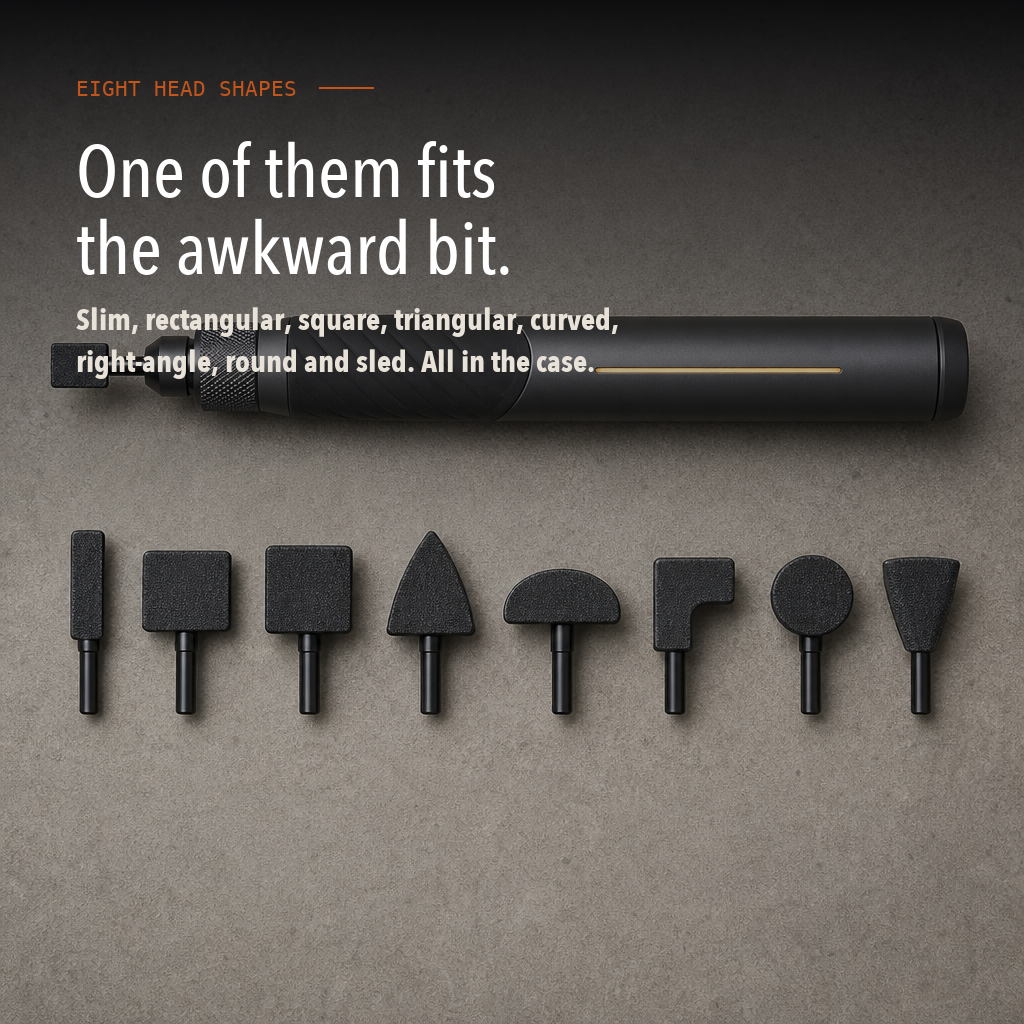 Eight sanding head shapes included