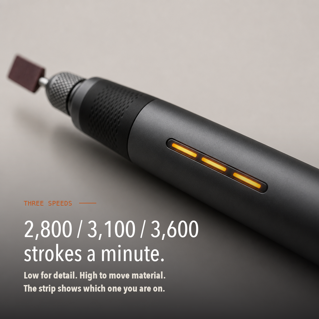 Three speeds: 2,800 / 3,100 / 3,600 strokes per minute